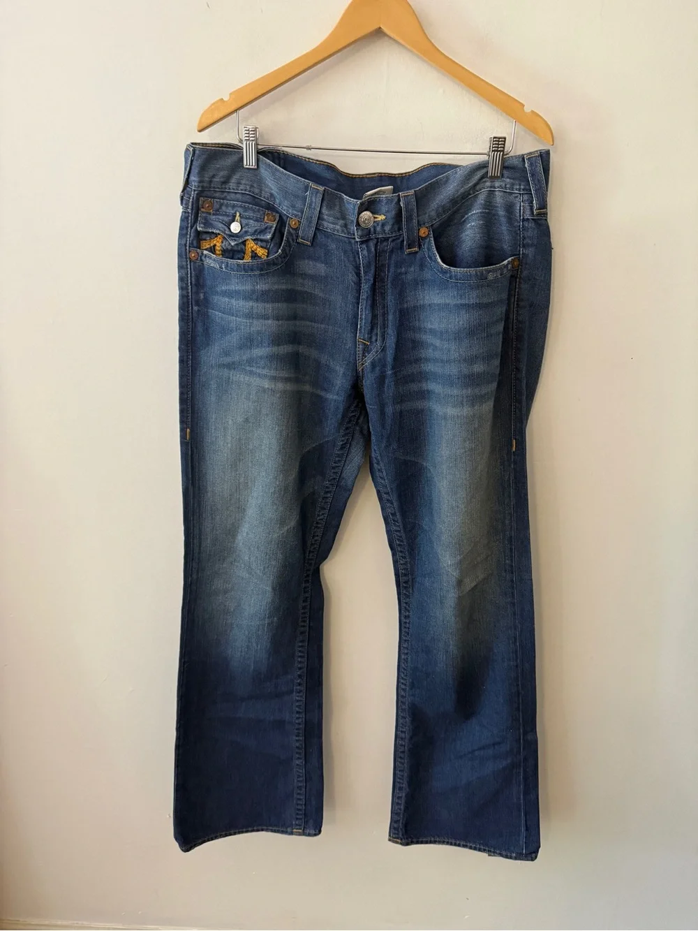 Y2K RARE vintage True Religion Men's Blue Bootcut Jeans w orange gold Stitching